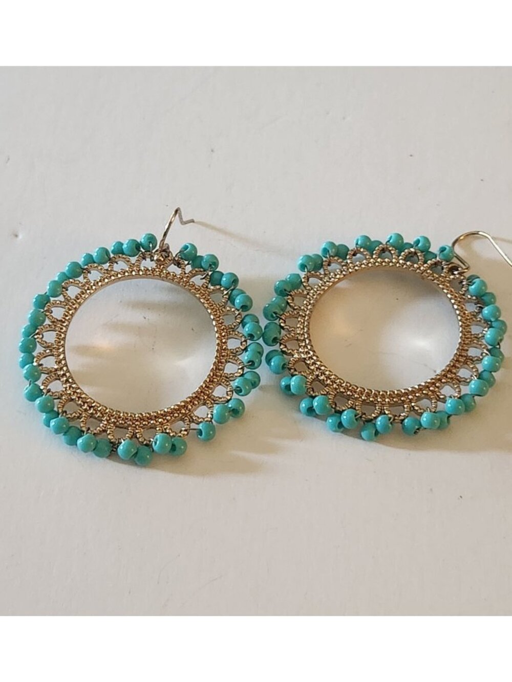 Gold-Tone Hoop Earrings With Turquoise Beads & Intricate Cutout Design